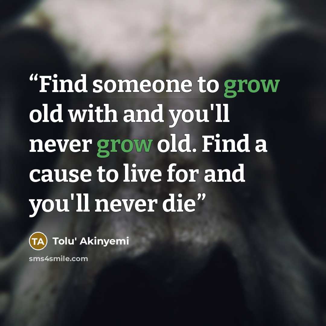 “Find someone to grow old with and you'll never grow old. Find a cause to live for and you'll never die” quote by Tolu' Akinyemi