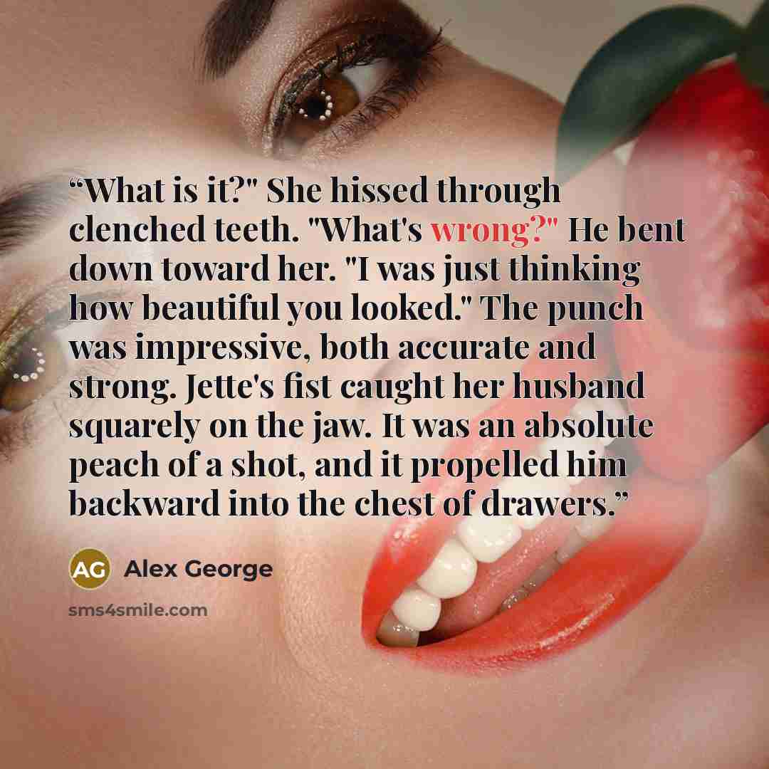 “What is it?" She hissed through clenched teeth. "What's wrong?" He bent down toward her. "I was just thinking how beautiful you looked." The punch was impressive, both accurate and strong. Jette's fist caught her husband squarely on the jaw. It was an absolute peach of a shot, and it propelled him…” quote by Alex George