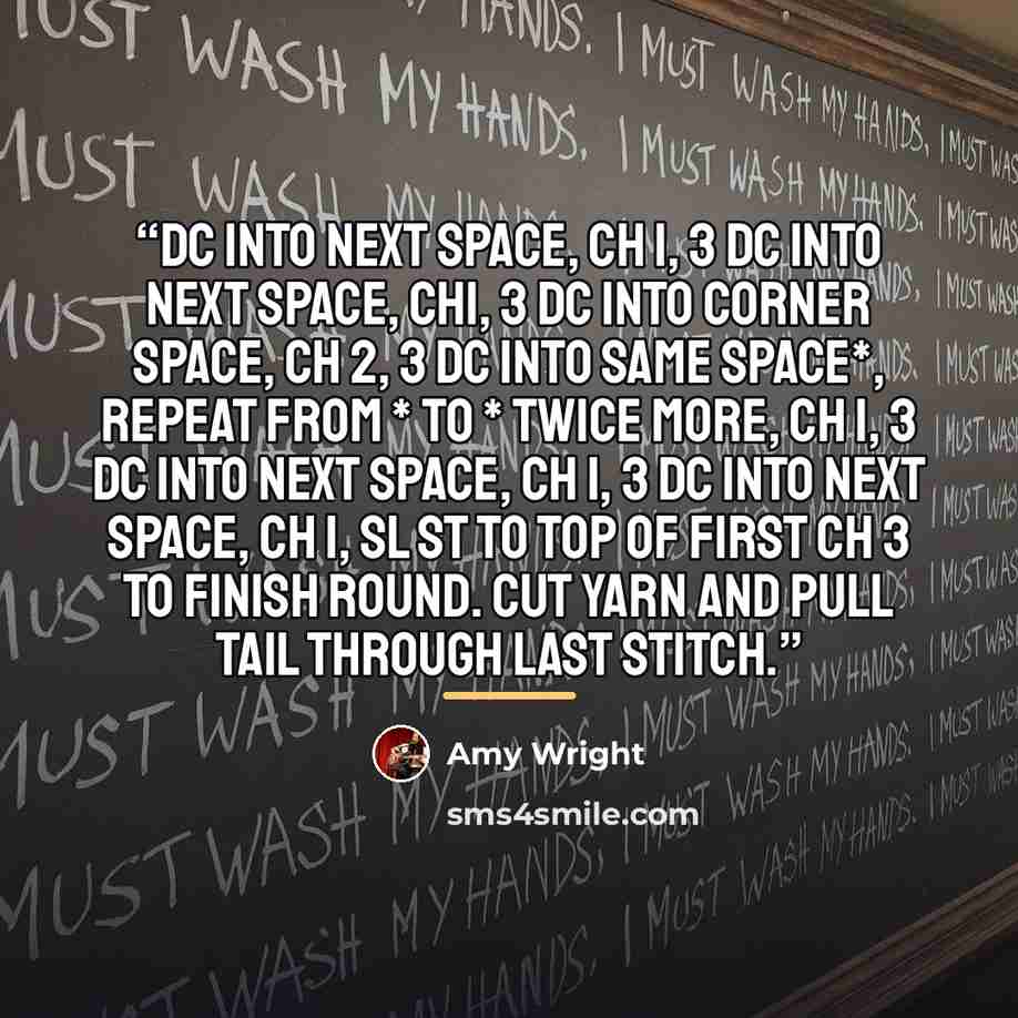 “dc into next space, ch 1, 3 dc into next space, ch1, 3 dc into corner space, ch 2, 3 dc into same space*, Repeat from * to * twice more, ch 1, 3 dc into next space, ch 1, 3 dc into next space, ch 1, sl st to top of first ch 3 to finish round. Cut yarn and pull tail through last stitch.” quote by Amy Wright