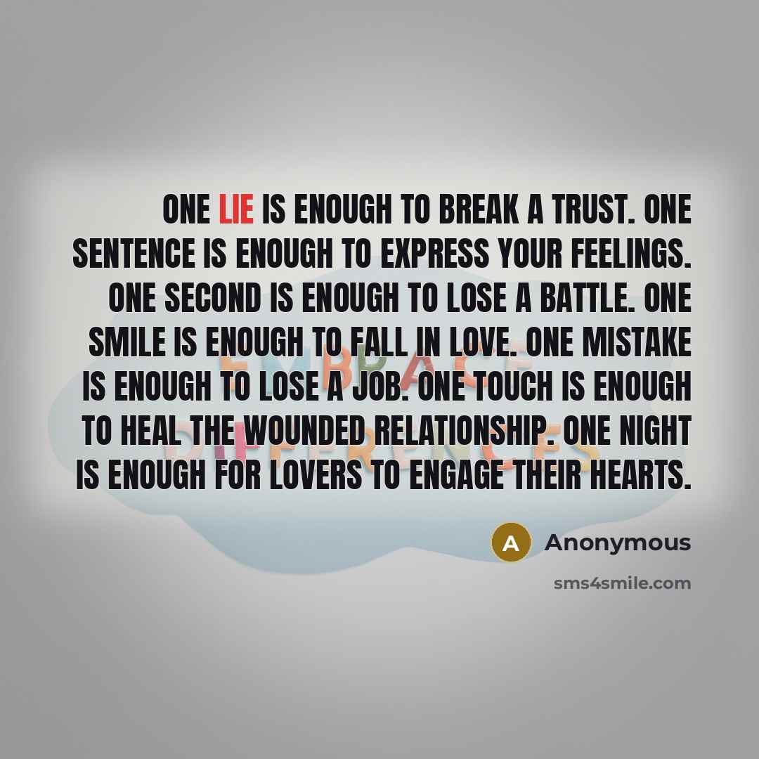 “One LIE is enough to break a trust. One SENTENCE is enough to express your feelings. One SECOND is enough to lose a battle. One SMILE is enough to fall in love. One MISTAKE is enough to lose a job. One TOUCH is enough to heal the wounded relationship. One NIGHT is enough for lovers to engage their…” quote by Anonymous