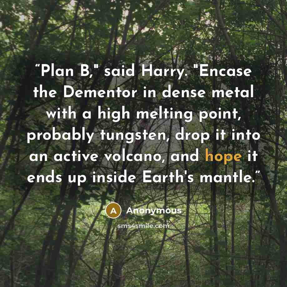 “Plan B," said Harry. "Encase the Dementor in dense metal with a high melting point, probably tungsten, drop it into an active volcano, and hope it ends up inside Earth's mantle.” quote by Anonymous