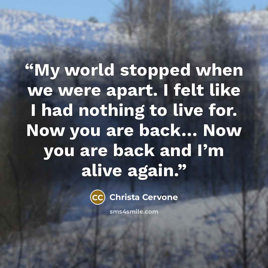 “My world stopped when we were apart. I felt like I had nothing to live for. Now you are back… Now you are back and I’m alive again.” quote by Christa Cervone