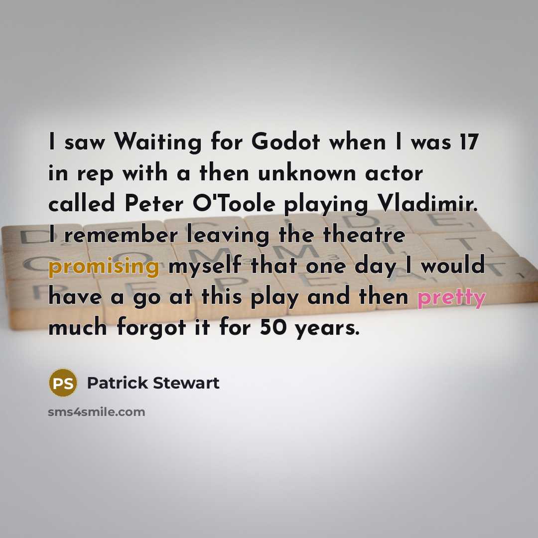 “I saw Waiting for Godot when I was 17 in rep with a then unknown actor called Peter O'Toole playing Vladimir. I remember leaving the theatre promising myself that one day I would have a go at this play and then pretty much forgot it for 50 years.” quote by Patrick Stewart