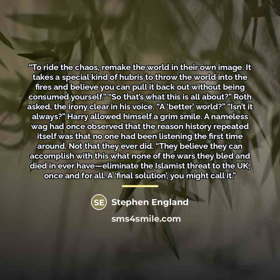 “To ride the chaos, remake the world in their own image. It takes a special kind of hubris to throw the world into the fires and believe you can pull it back out without being consumed yourself.” “So that’s what this is all about?” Roth asked, the irony clear in his voice. “A ‘better’ world?”…” quote by Stephen England