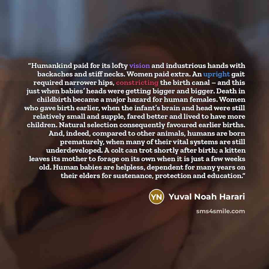“Humankind paid for its lofty vision and industrious hands with backaches and stiff necks. Women paid extra. An upright gait required narrower hips, constricting the birth canal – and this just when babies’ heads were getting bigger and bigger. Death in childbirth became a major hazard for human…” quote by Yuval Noah Harari