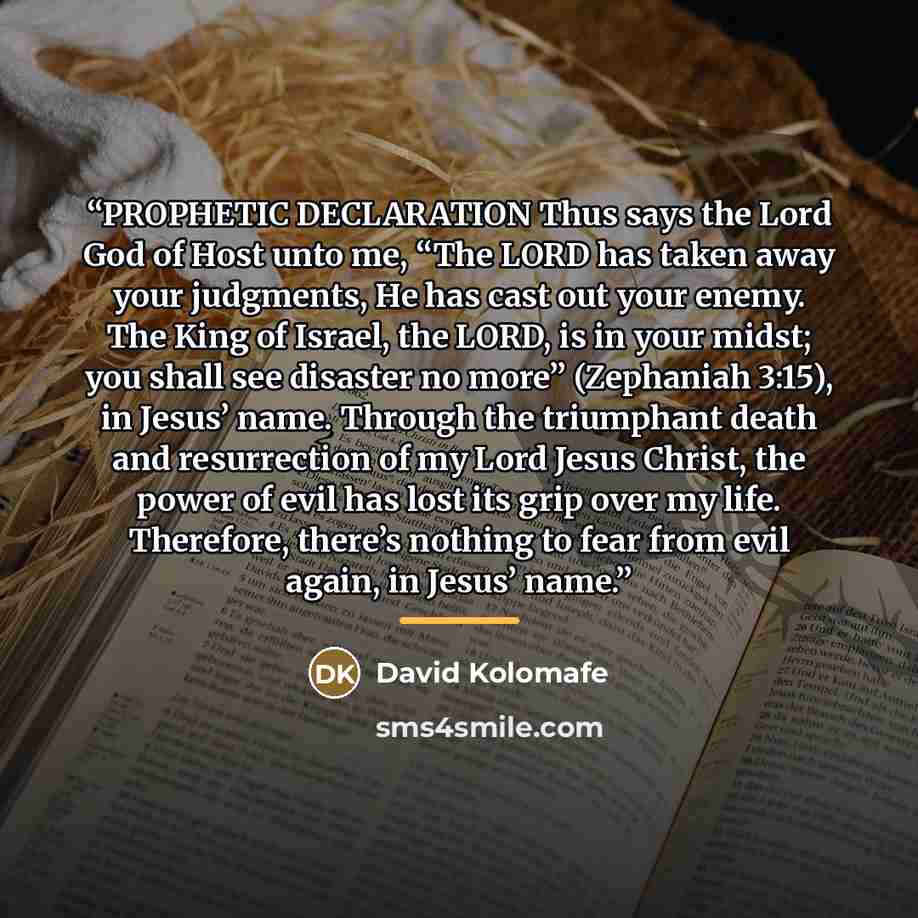 “PROPHETIC DECLARATION Thus says the Lord God of Host unto me, “The LORD has taken away your judgments, He has cast out your enemy. The King of Israel, the LORD, is in your midst; you shall see disaster no more” (Zephaniah 3:15), in Jesus’ name. Through the triumphant death and resurrection of my…” quote by David Kolomafe