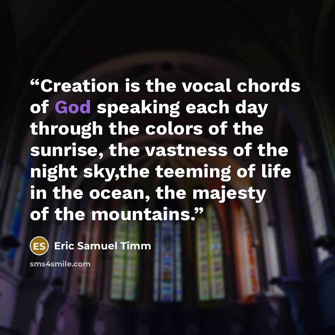 “Creation is the vocal chords of God speaking each day through the colors of the sunrise, the vastness of the night sky,the teeming of life in the ocean, the majesty of the mountains.” quote by Eric Samuel Timm