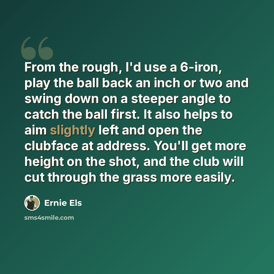 “From the rough, I'd use a 6-iron, play the ball back an inch or two and swing down on a steeper angle to catch the ball first. It also helps to aim slightly left and open the clubface at address. You'll get more height on the shot, and the club will cut through the grass more easily.” quote by Ernie Els