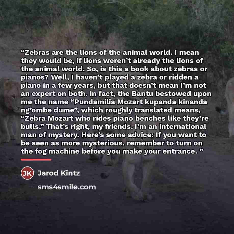 “Zebras are the lions of the animal world. I mean they would be, if lions weren’t already the lions of the animal world. So, is this a book about zebras or pianos? Well, I haven’t played a zebra or ridden a piano in a few years, but that doesn’t mean I’m not an expert on both. In fact, the Bantu…” quote by Jarod Kintz
