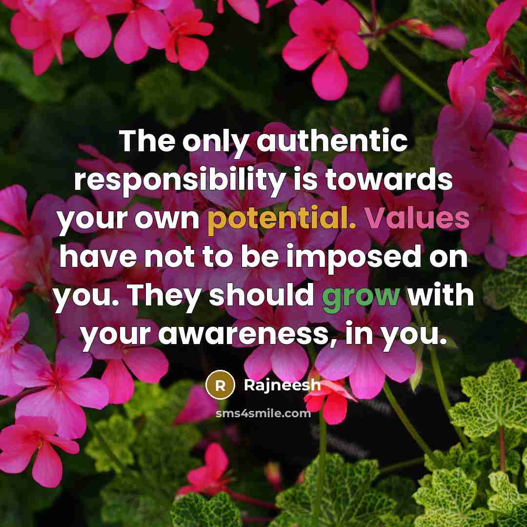 “The only authentic responsibility is towards your own potential. Values have not to be imposed on you. They should grow with your awareness, in you.” quote by Rajneesh