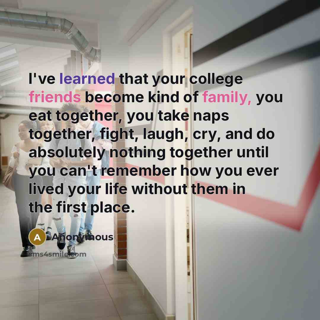 “I've learned that your college friends become kind of family, you eat together, you take naps together, fight, laugh, cry, and do absolutely nothing together until you can't remember how you ever lived your life without them in the first place.” quote by Anonymous