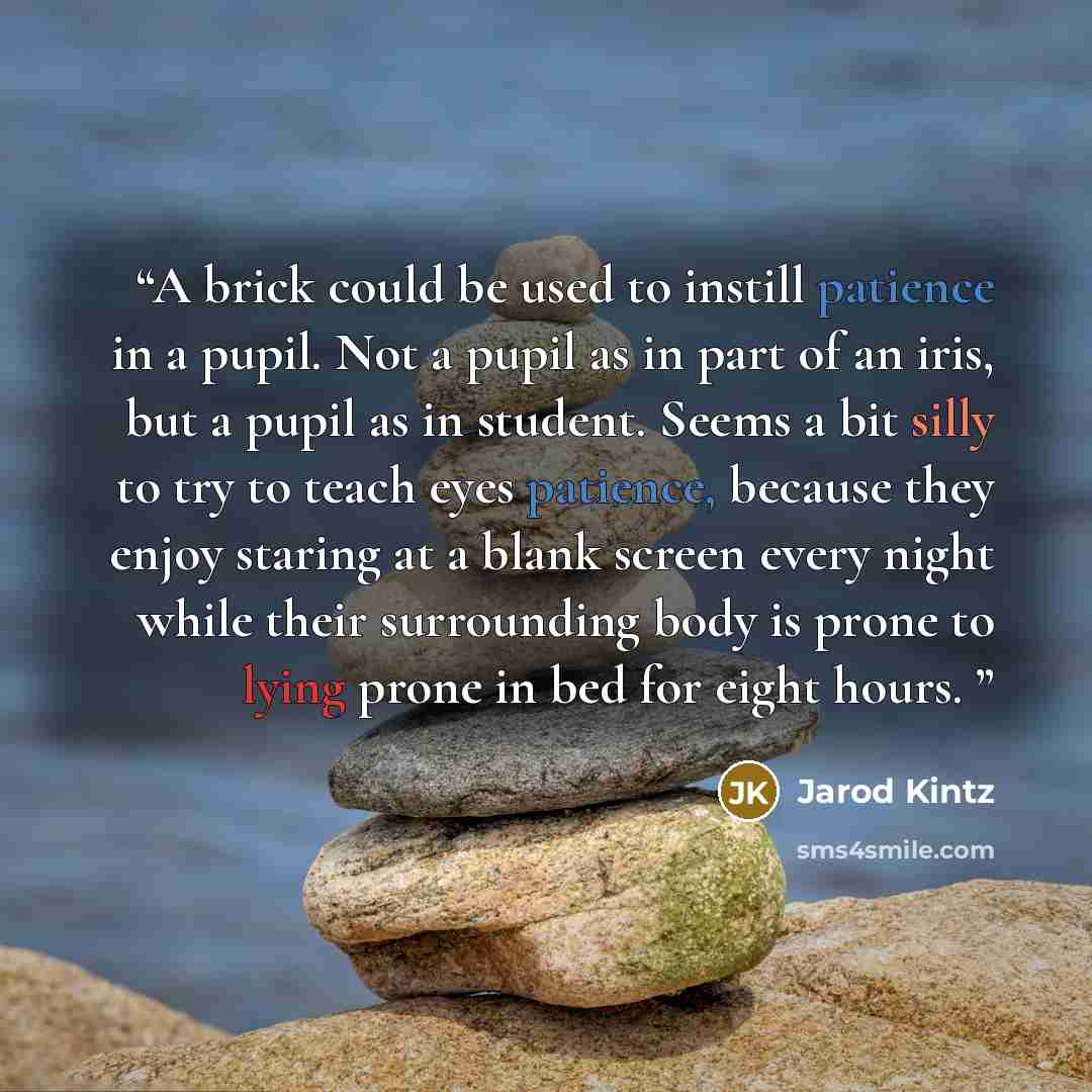 “A brick could be used to instill patience in a pupil. Not a pupil as in part of an iris, but a pupil as in student. Seems a bit silly to try to teach eyes patience, because they enjoy staring at a blank screen every night while their surrounding body is prone to lying prone in bed for eight hours.” quote by Jarod Kintz