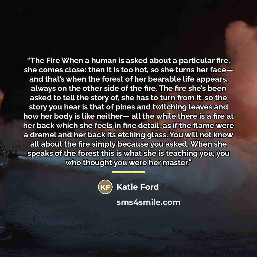 “The Fire When a human is asked about a particular fire, she comes close: then it is too hot, so she turns her face— and that’s when the forest of her bearable life appears, always on the other side of the fire. The fire she’s been asked to tell the story of, she has to turn from it, so the story…” quote by Katie Ford