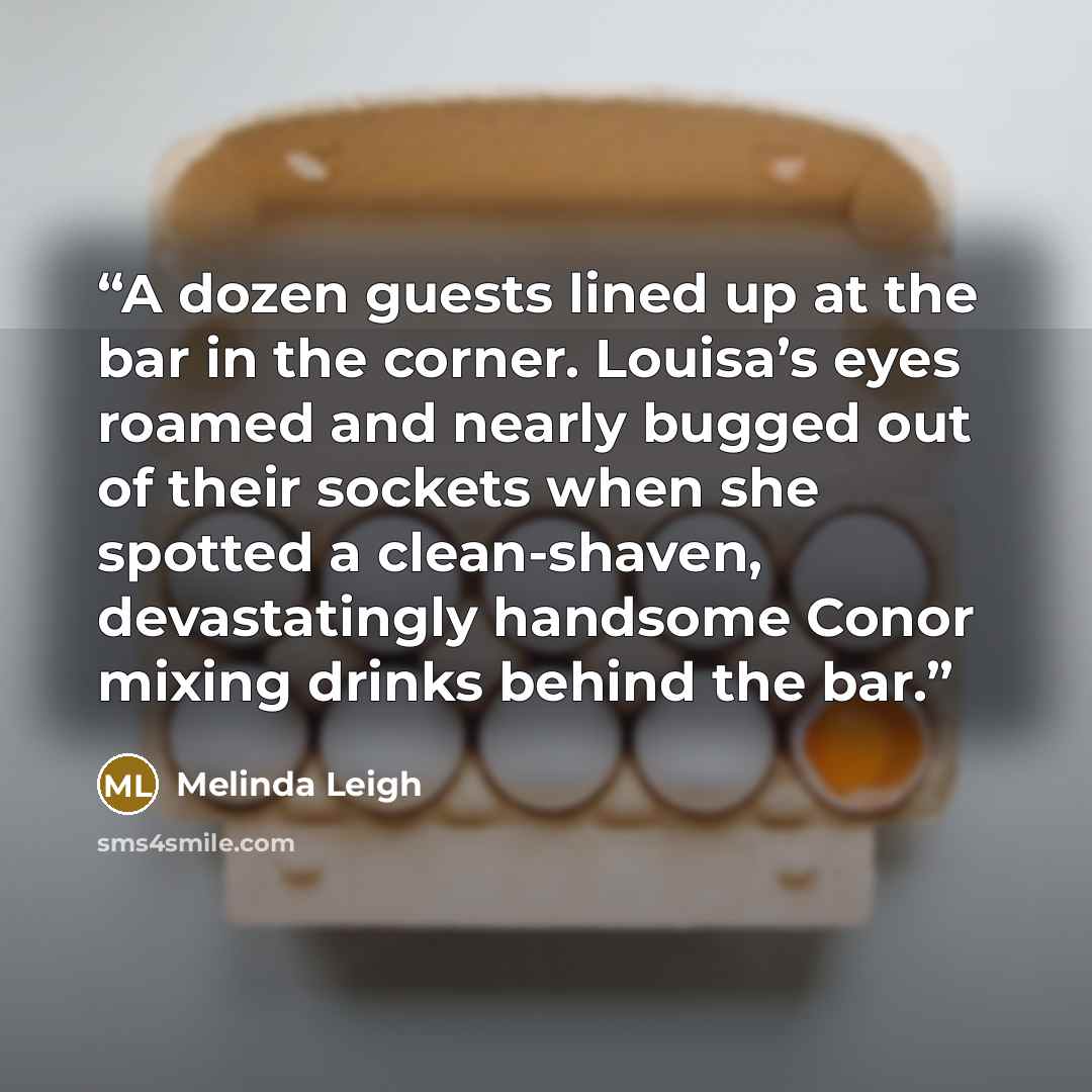 “A dozen guests lined up at the bar in the corner. Louisa’s eyes roamed and nearly bugged out of their sockets when she spotted a clean-shaven, devastatingly handsome Conor mixing drinks behind the bar.” quote by Melinda Leigh