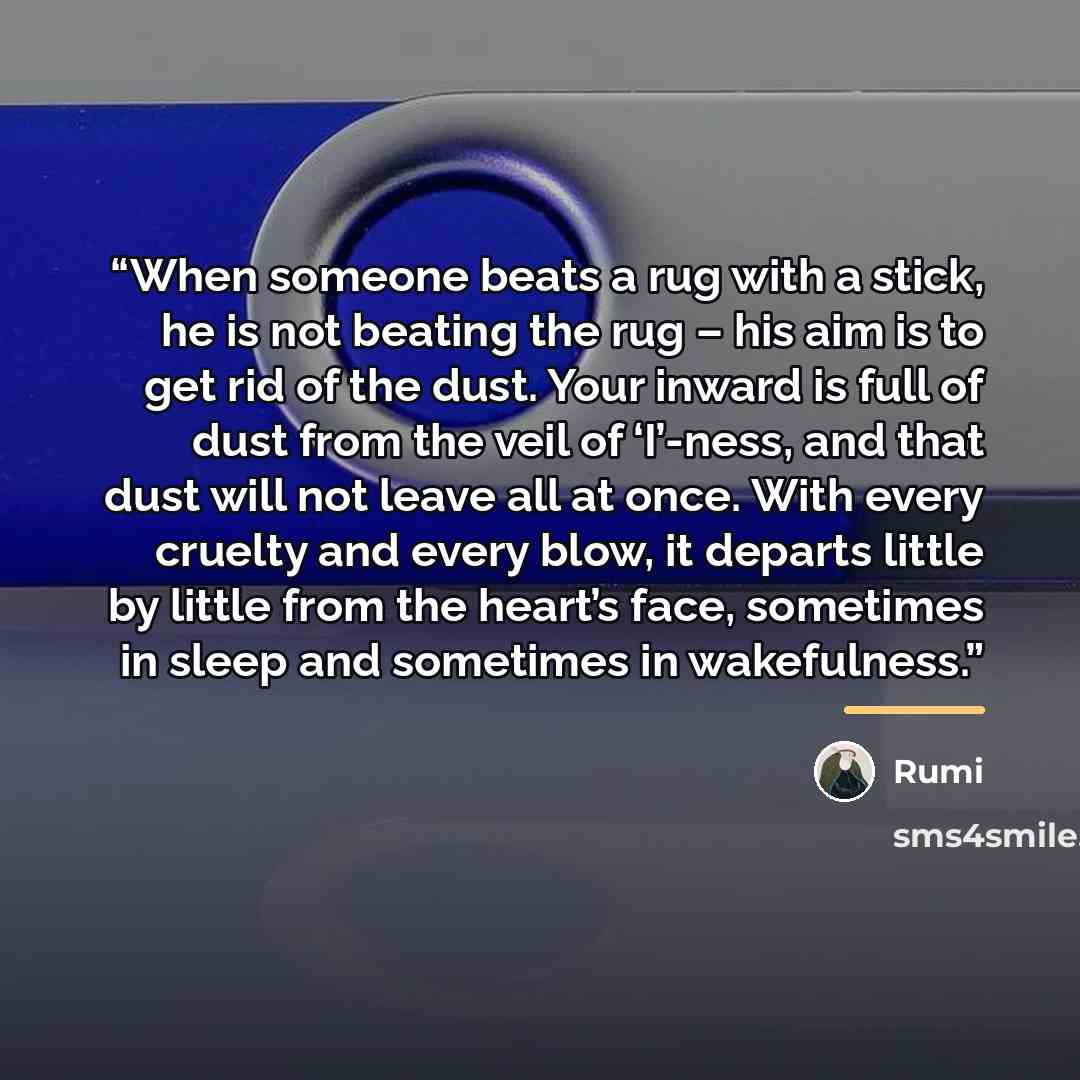 “When someone beats a rug with a stick, he is not beating the rug – his aim is to get rid of the dust. Your inward is full of dust from the veil of ‘I’-ness, and that dust will not leave all at once. With every cruelty and every blow, it departs little by little from the heart’s face, sometimes in…” quote by Rumi
