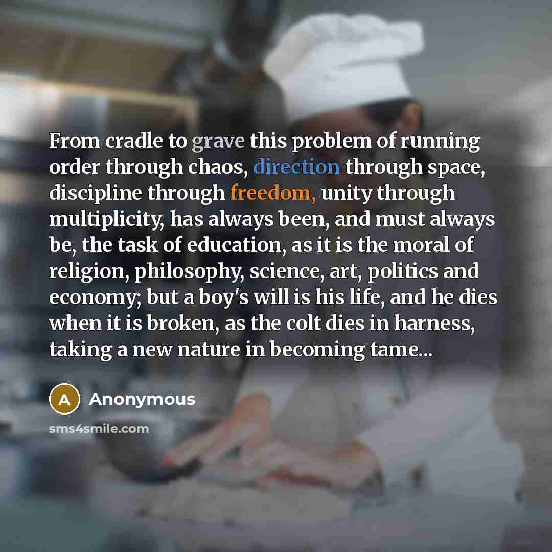 “From cradle to grave this problem of running order through chaos, direction through space, discipline through freedom, unity through multiplicity, has always been, and must always be, the task of education, as it is the moral of religion, philosophy, science, art, politics and economy; but a boy's…” quote by Anonymous