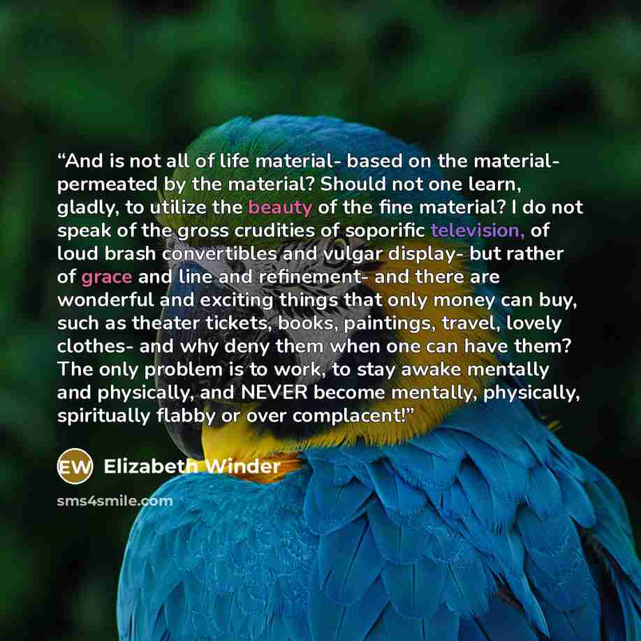 “And is not all of life material- based on the material- permeated by the material? Should not one learn, gladly, to utilize the beauty of the fine material? I do not speak of the gross crudities of soporific television, of loud brash convertibles and vulgar display- but rather of grace and line…” quote by Elizabeth Winder