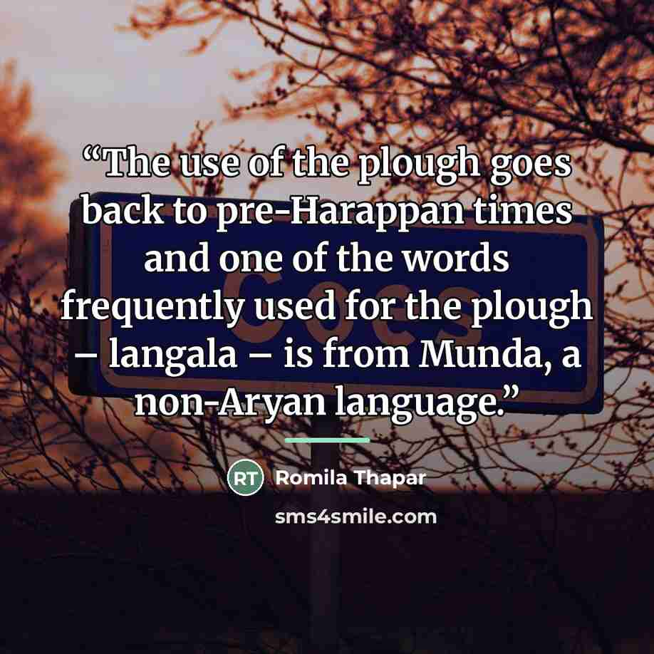 “The use of the plough goes back to pre-Harappan times and one of the words frequently used for the plough – langala – is from Munda, a non-Aryan language.” quote by Romila Thapar