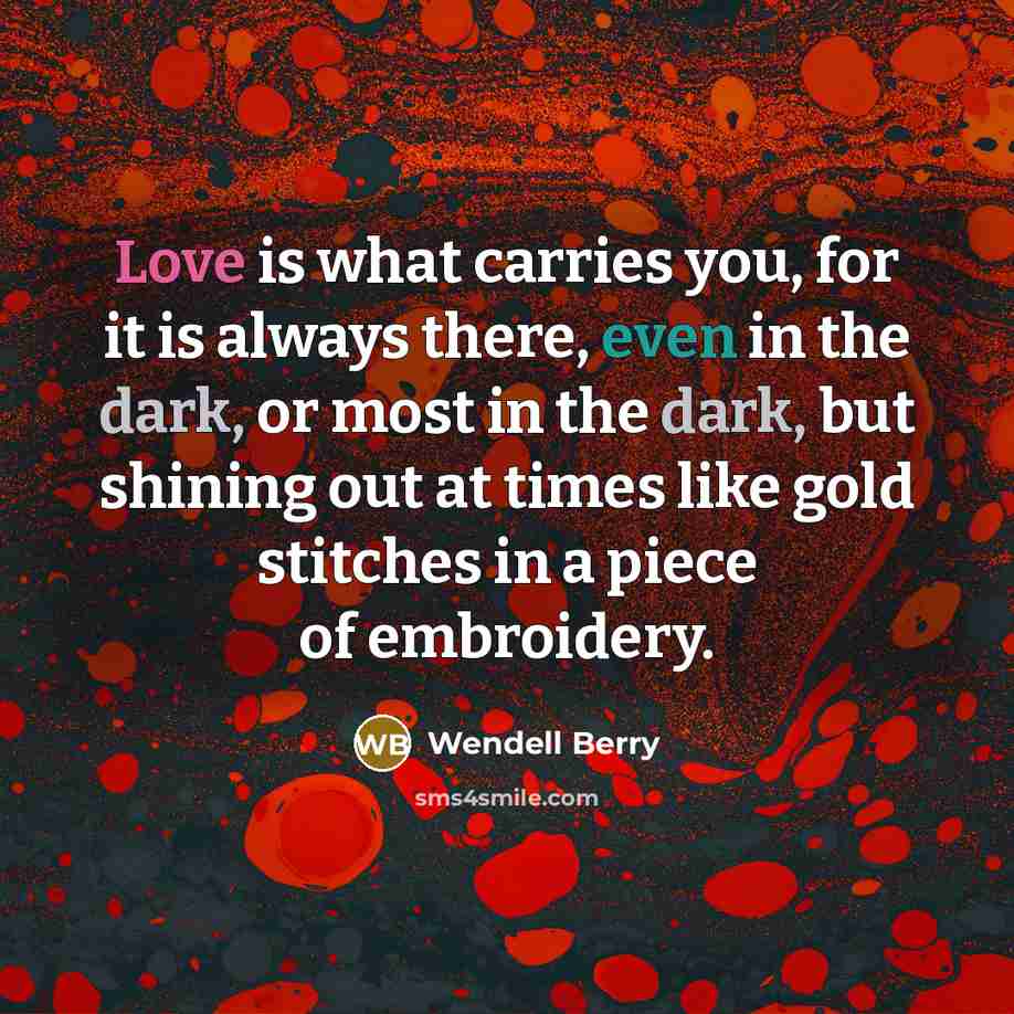 “Love is what carries you, for it is always there, even in the dark, or most in the dark, but shining out at times like gold stitches in a piece of embroidery.” quote by Wendell Berry