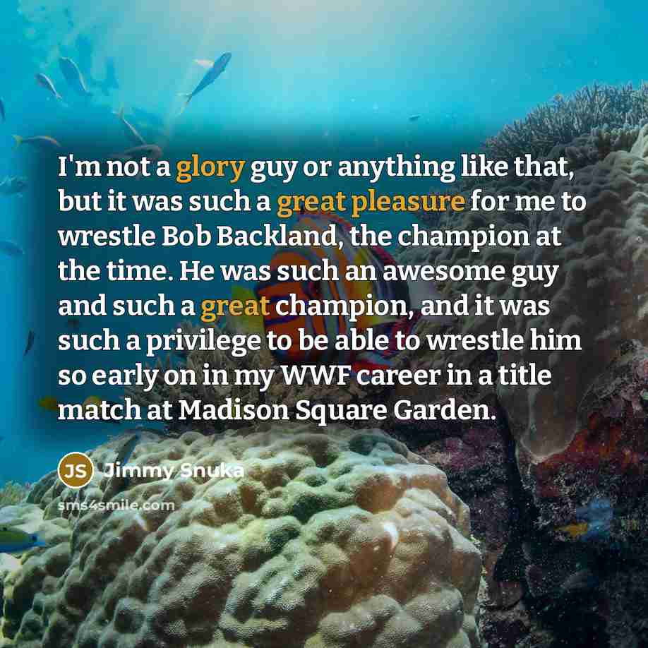 “I'm not a glory guy or anything like that, but it was such a great pleasure for me to wrestle Bob Backland, the champion at the time. He was such an awesome guy and such a great champion, and it was such a privilege to be able to wrestle him so early on in my WWF career in a title match at Madison…” quote by Jimmy Snuka