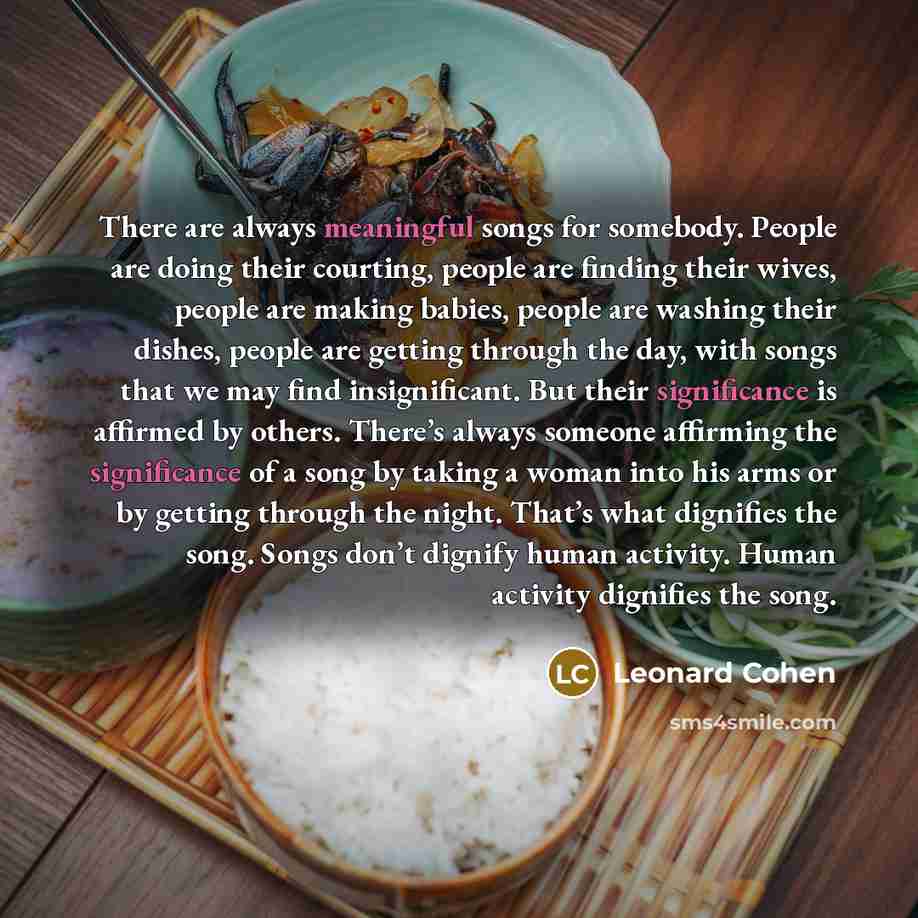“There are always meaningful songs for somebody. People are doing their courting, people are finding their wives, people are making babies, people are washing their dishes, people are getting through the day, with songs that we may find insignificant. But their significance is affirmed by others…” quote by Leonard Cohen