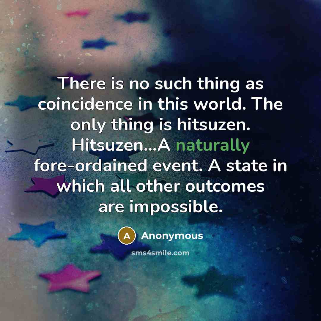 “There is no such thing as coincidence in this world. The only thing is hitsuzen. Hitsuzen...A naturally fore-ordained event. A state in which all other outcomes are impossible.” quote by Anonymous