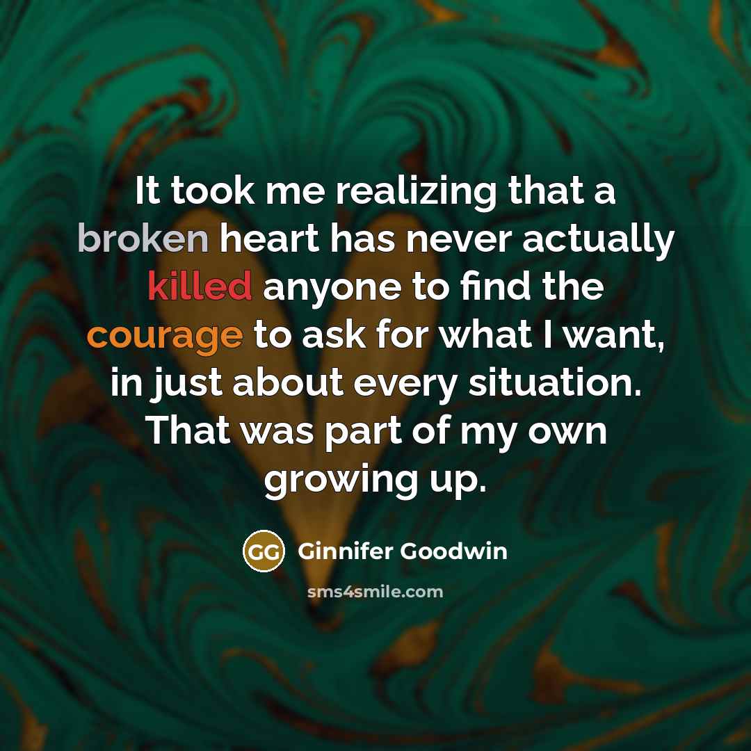 “It took me realizing that a broken heart has never actually killed anyone to find the courage to ask for what I want, in just about every situation. That was part of my own growing up.” quote by Ginnifer Goodwin