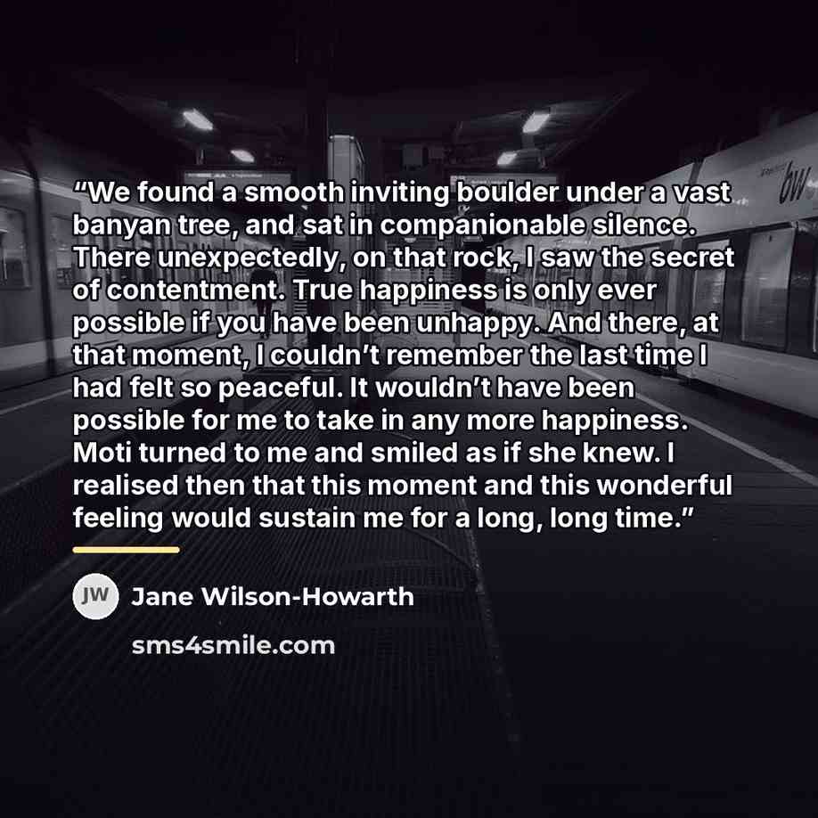 “We found a smooth inviting boulder under a vast banyan tree, and sat in companionable silence. There unexpectedly, on that rock, I saw the secret of contentment. True happiness is only ever possible if you have been unhappy. And there, at that moment, I couldn’t remember the last time I had felt…” quote by Jane Wilson-Howarth