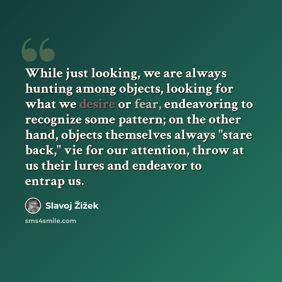 “While just looking, we are always hunting among objects, looking for what we desire or fear, endeavoring to recognize some pattern; on the other hand, objects themselves always "stare back," vie for our attention, throw at us their lures and endeavor to entrap us.” quote by Slavoj Žižek