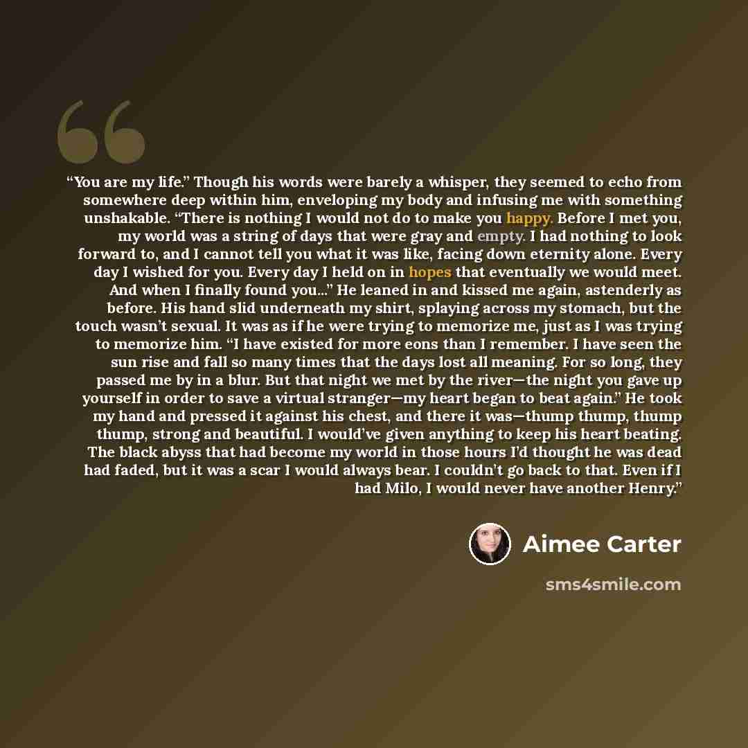 “You are my life.” Though his words were barely a whisper, they seemed to echo from somewhere deep within him, enveloping my body and infusing me with something unshakable. “There is nothing I would not do to make you happy. Before I met you, my world was a string of days that were gray and empty…” quote by Aimee Carter