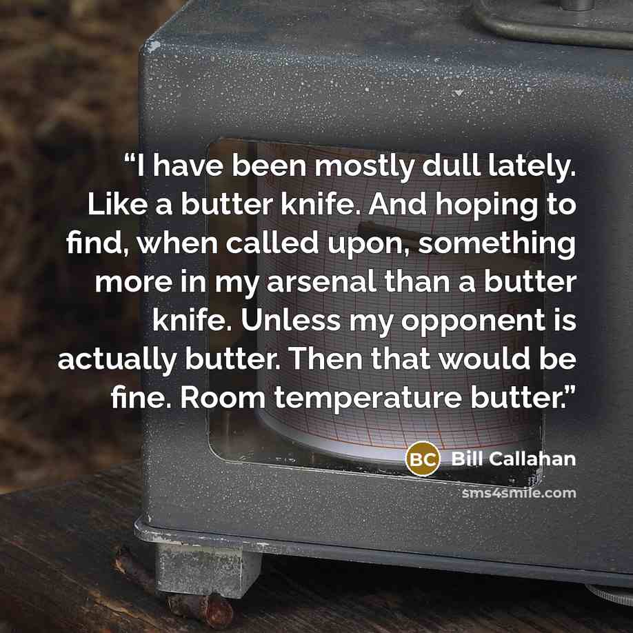 “I have been mostly dull lately. Like a butter knife. And hoping to find, when called upon, something more in my arsenal than a butter knife. Unless my opponent is actually butter. Then that would be fine. Room temperature butter.” quote by Bill Callahan