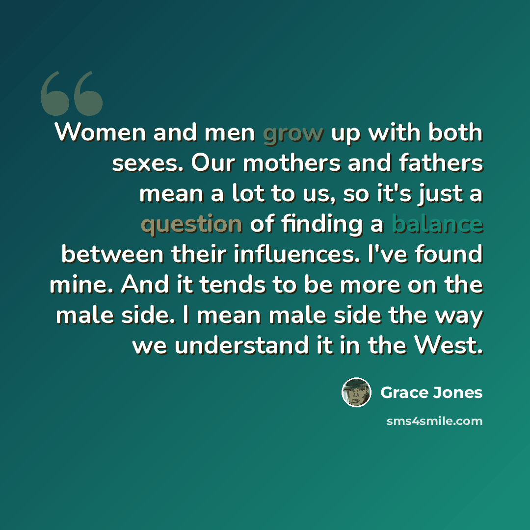 “Women and men grow up with both sexes. Our mothers and fathers mean a lot to us, so it's just a question of finding a balance between their influences. I've found mine. And it tends to be more on the male side. I mean male side the way we understand it in the West.” quote by Grace Jones