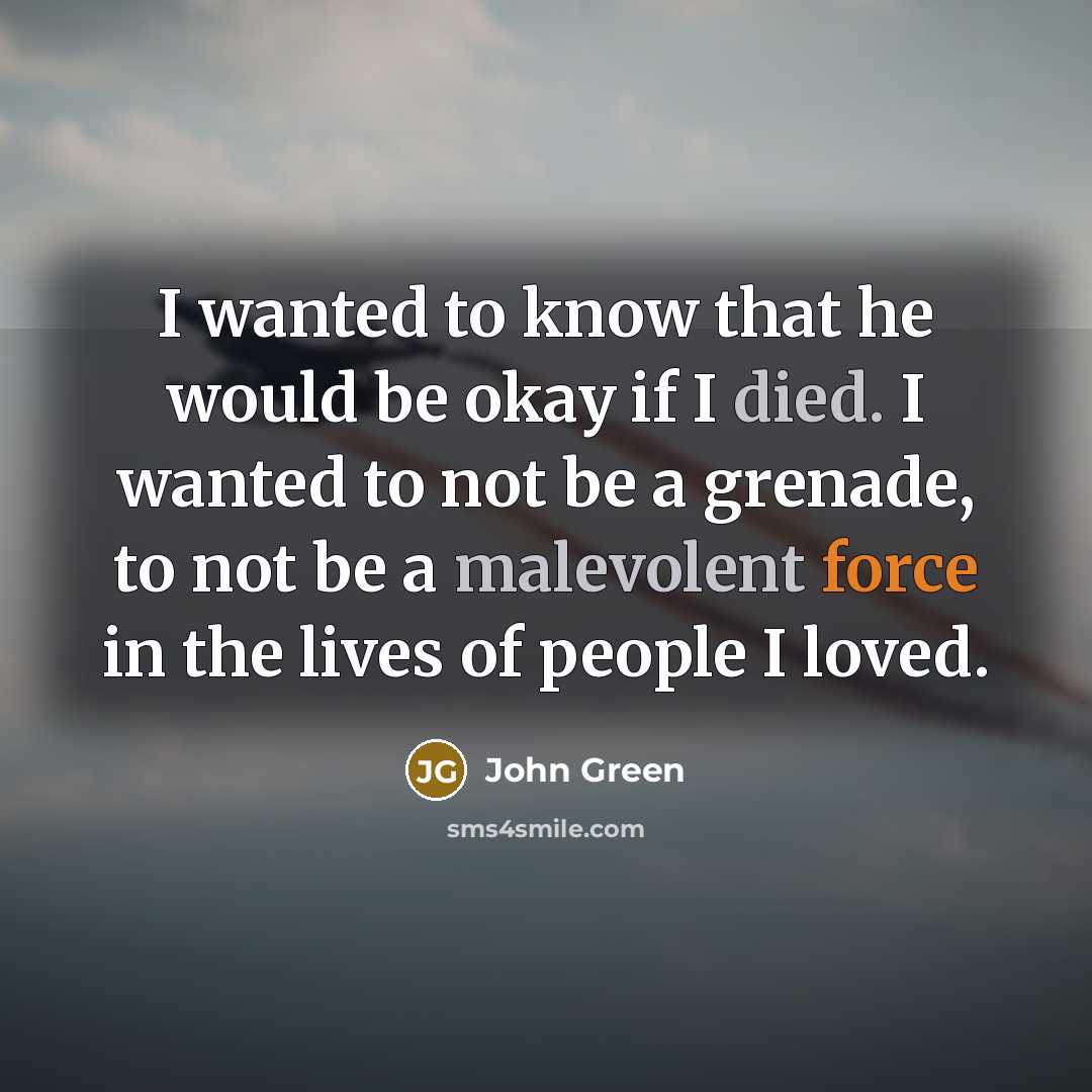 “I wanted to know that he would be okay if I died. I wanted to not be a grenade, to not be a malevolent force in the lives of people I loved.” quote by John Green