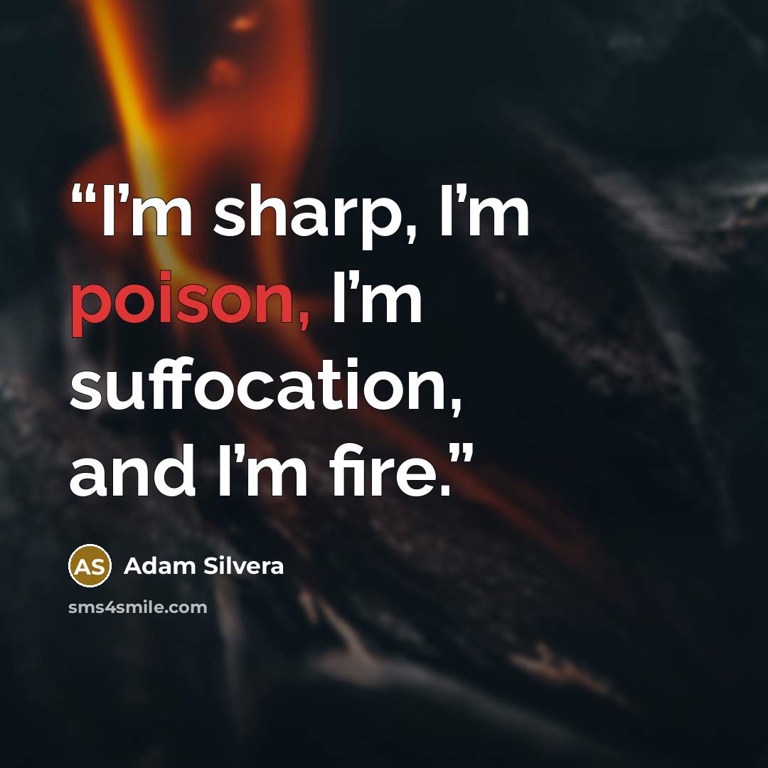 “I’m sharp, I’m poison, I’m suffocation, and I’m fire.” quote by Adam Silvera
