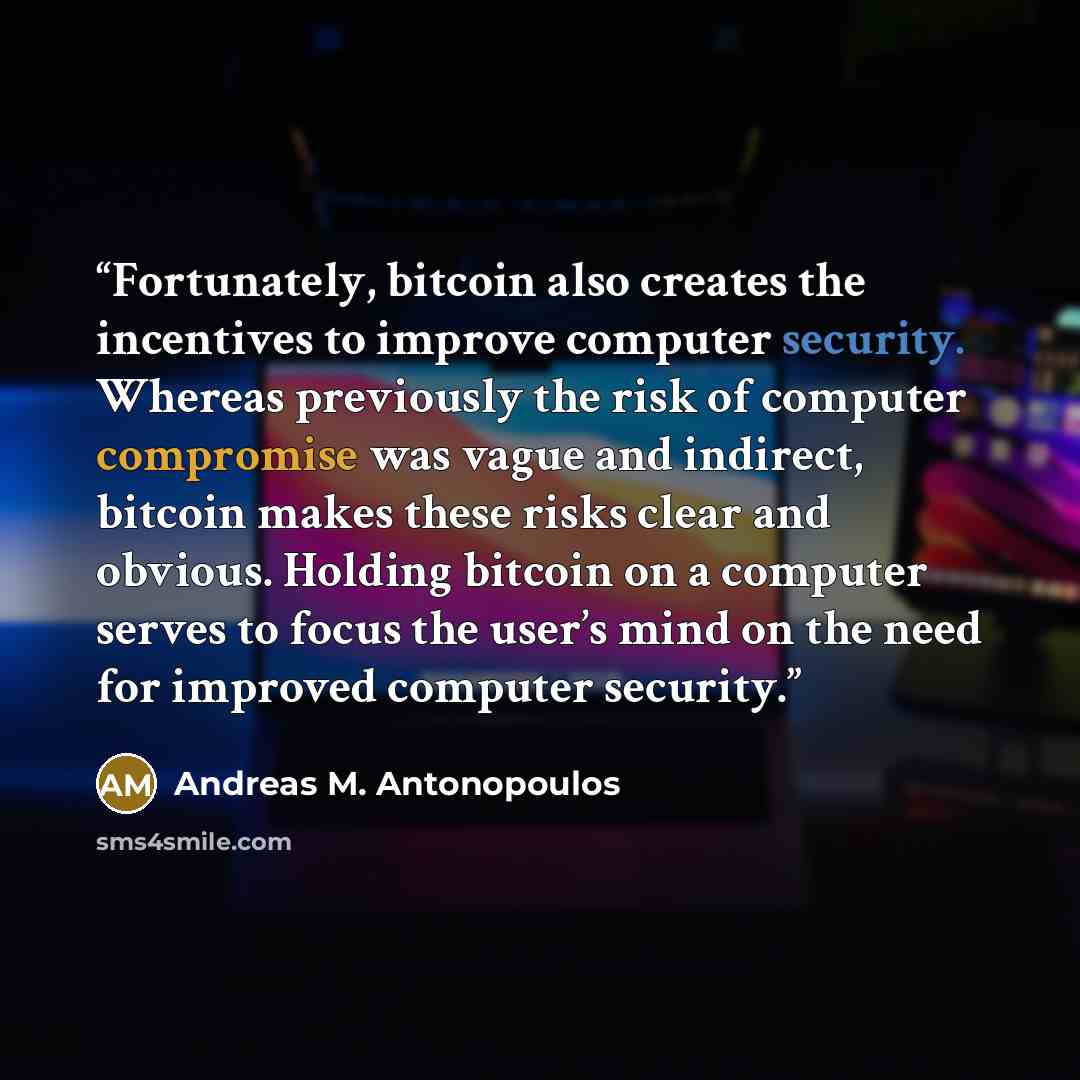 “Fortunately, bitcoin also creates the incentives to improve computer security. Whereas previously the risk of computer compromise was vague and indirect, bitcoin makes these risks clear and obvious. Holding bitcoin on a computer serves to focus the user’s mind on the need for improved computer…” quote by Andreas M. Antonopoulos