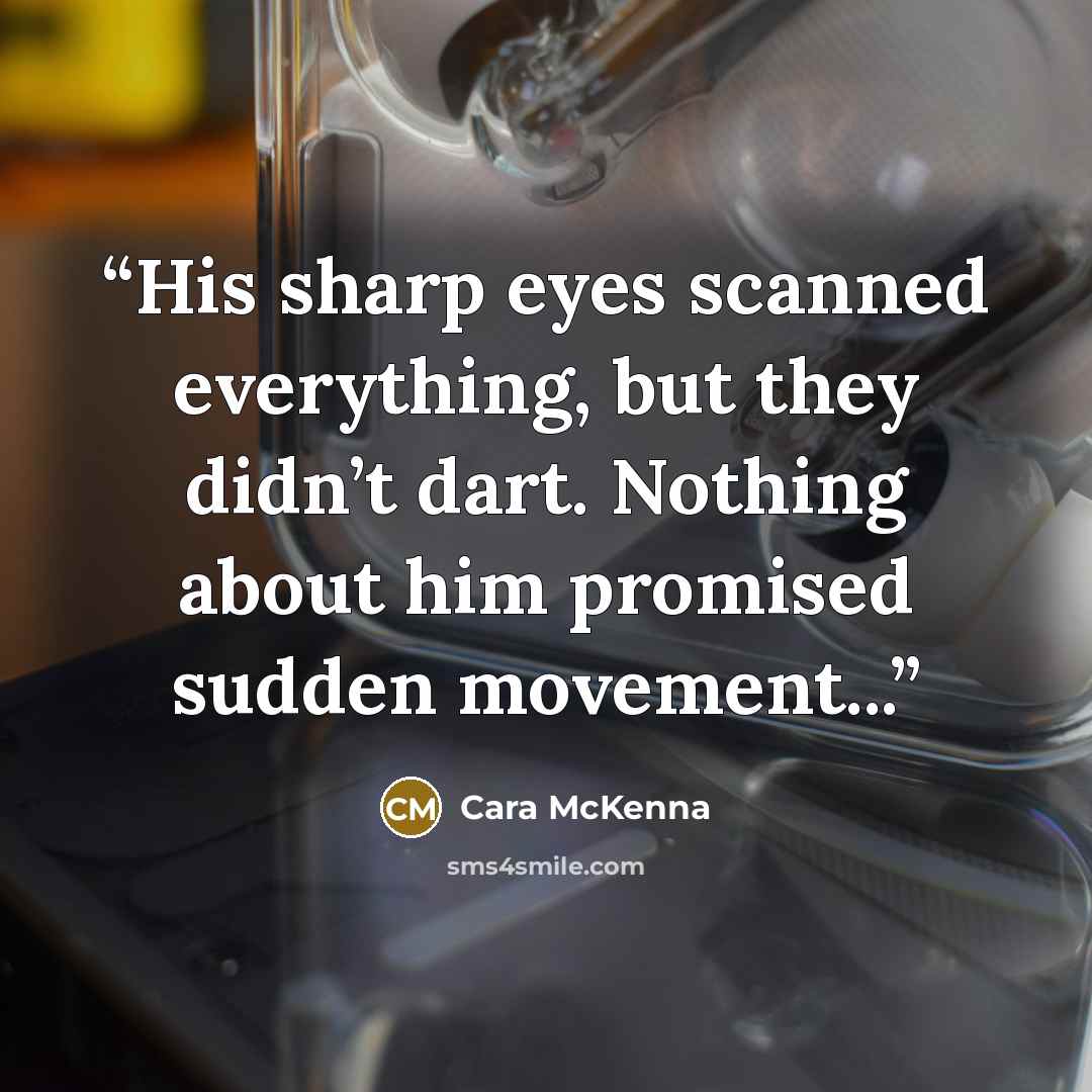 “His sharp eyes scanned everything, but they didn’t dart. Nothing about him promised sudden movement...” quote by Cara McKenna