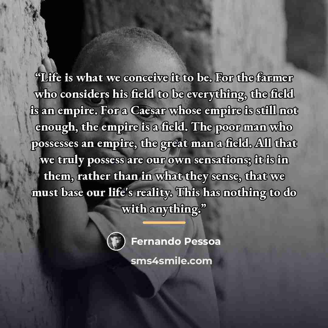 “Life is what we conceive it to be. For the farmer who considers his field to be everything, the field is an empire. For a Caesar whose empire is still not enough, the empire is a field. The poor man who possesses an empire, the great man a field. All that we truly possess are our own sensations…” quote by Fernando Pessoa