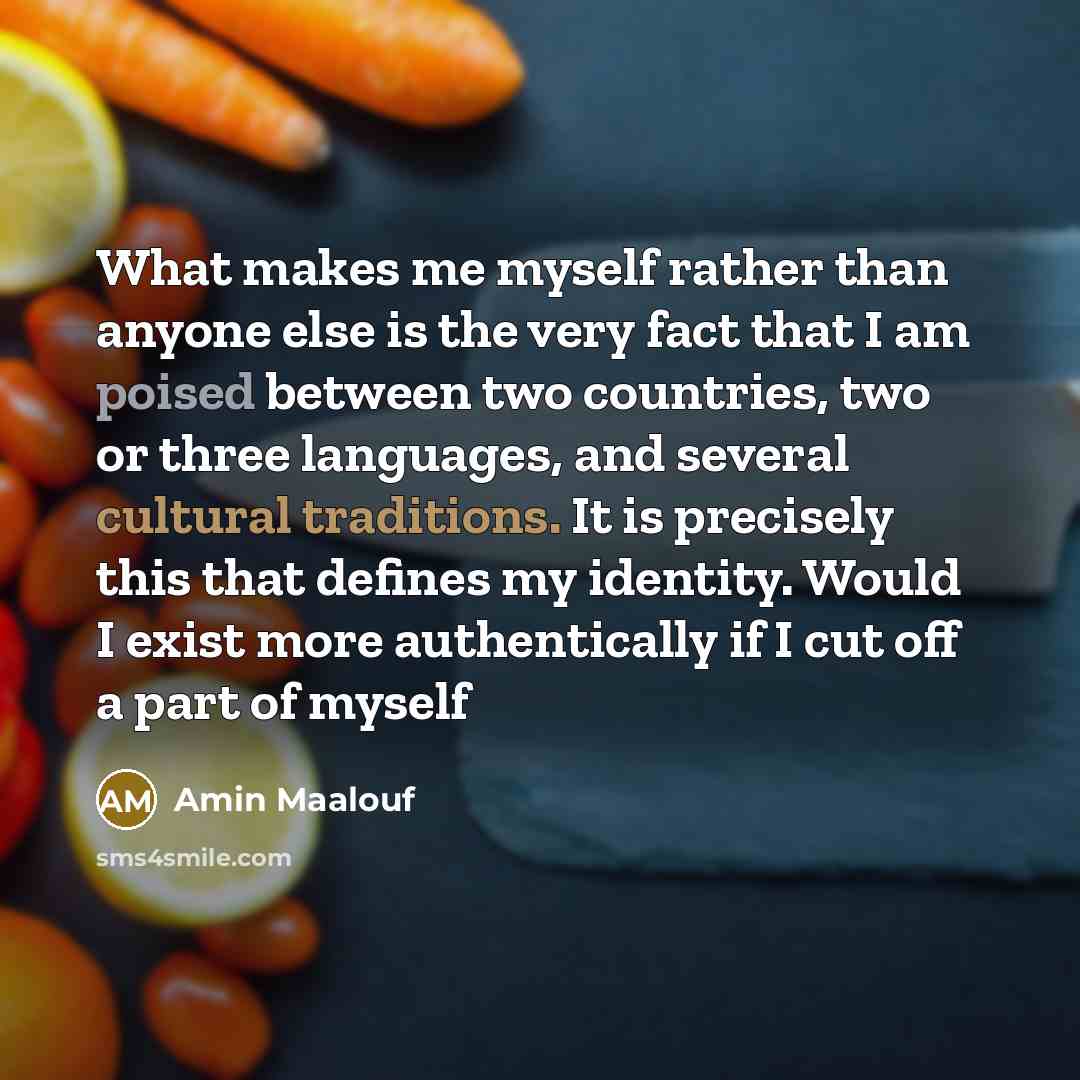 “What makes me myself rather than anyone else is the very fact that I am poised between two countries, two or three languages, and several cultural traditions. It is precisely this that defines my identity. Would I exist more authentically if I cut off a part of myself” quote by Amin Maalouf