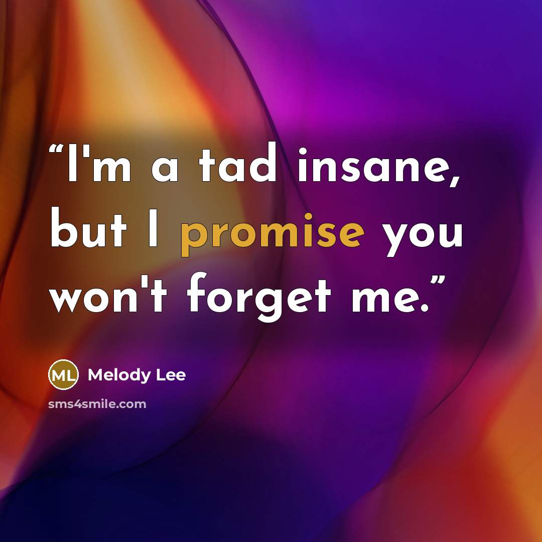“I'm a tad insane, but I promise you won't forget me.” quote by Melody Lee
