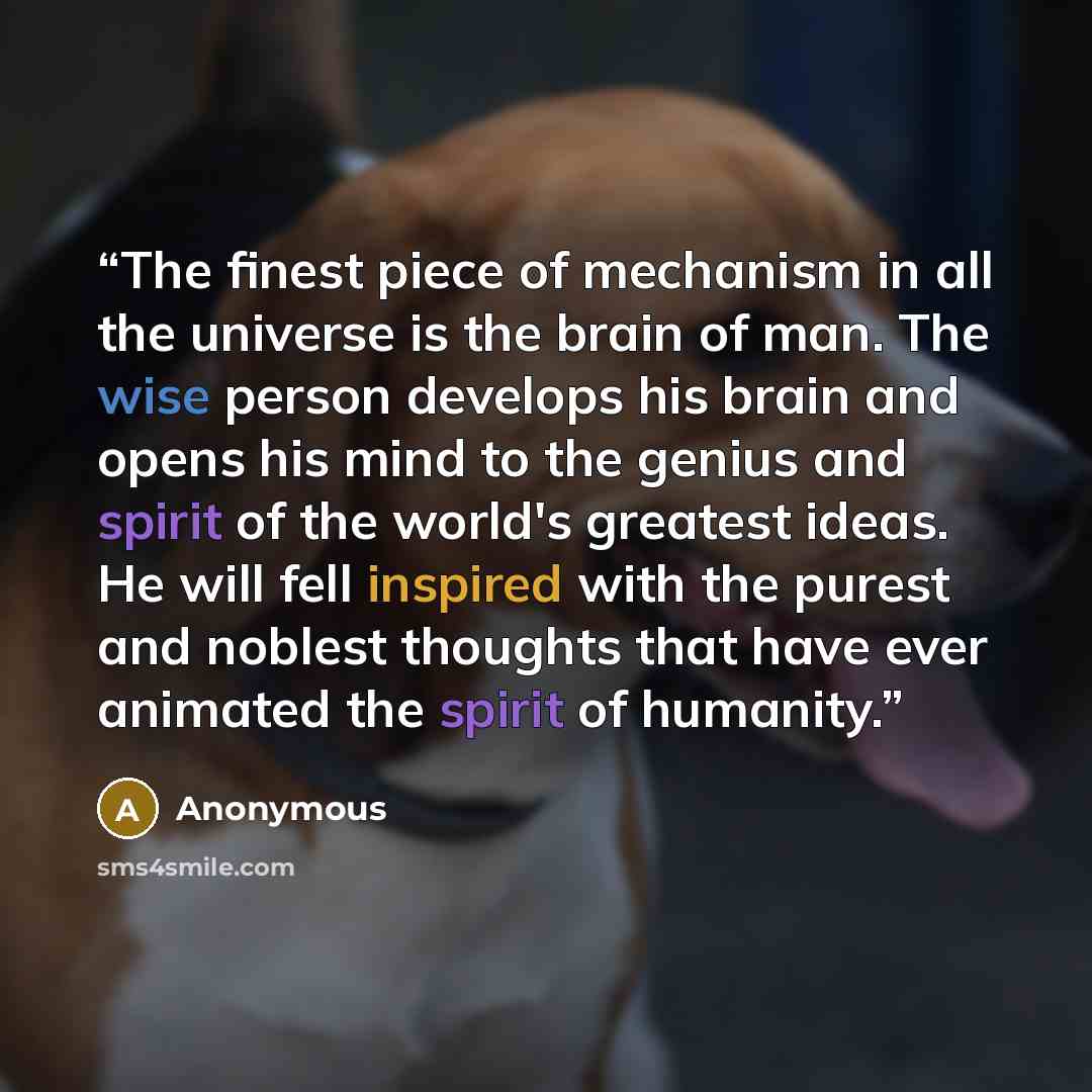 “The finest piece of mechanism in all the universe is the brain of man. The wise person develops his brain and opens his mind to the genius and spirit of the world's greatest ideas. He will fell inspired with the purest and noblest thoughts that have ever animated the spirit of humanity.” quote by Anonymous