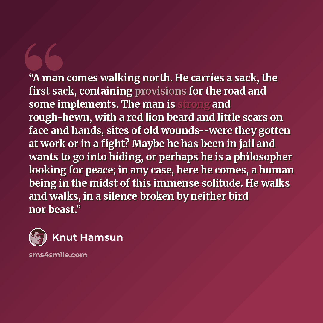 “A man comes walking north. He carries a sack, the first sack, containing provisions for the road and some implements. The man is strong and rough-hewn, with a red lion beard and little scars on face and hands, sites of old wounds--were they gotten at work or in a fight? Maybe he has been in jail…” quote by Knut Hamsun