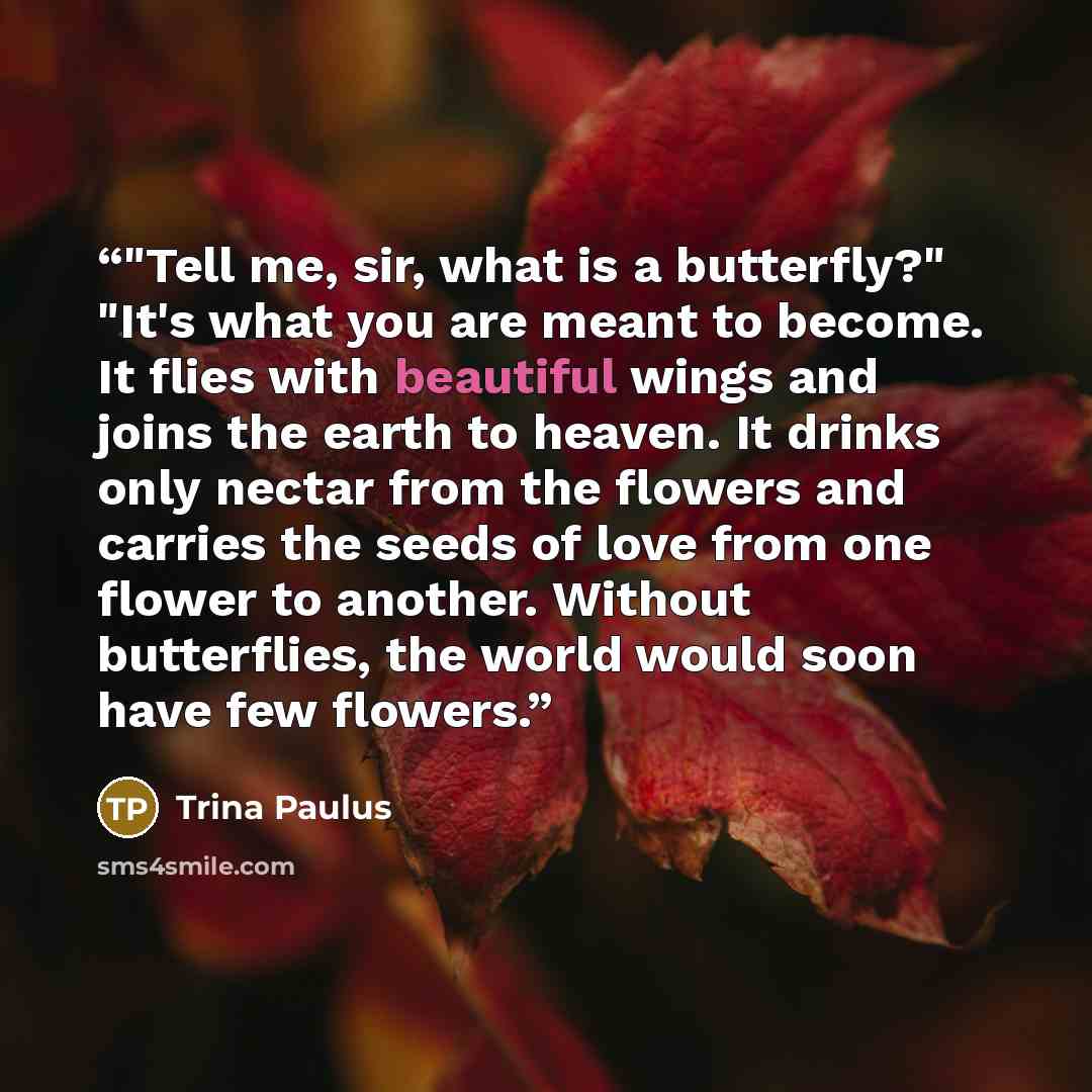“‎"Tell me, sir, what is a butterfly?" "It's what you are meant to become. It flies with beautiful wings and joins the earth to heaven. It drinks only nectar from the flowers and carries the seeds of love from one flower to another. Without butterflies, the world would soon have few flowers.” quote by Trina Paulus