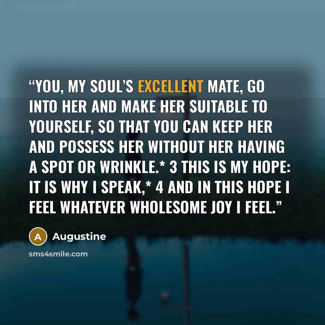 “You, my soul’s excellent mate, go into her and make her suitable to yourself, so that you can keep her and possess her without her having a spot or wrinkle.* 3 This is my hope: it is why I speak,* 4 and in this hope I feel whatever wholesome joy I feel.” quote by Augustine