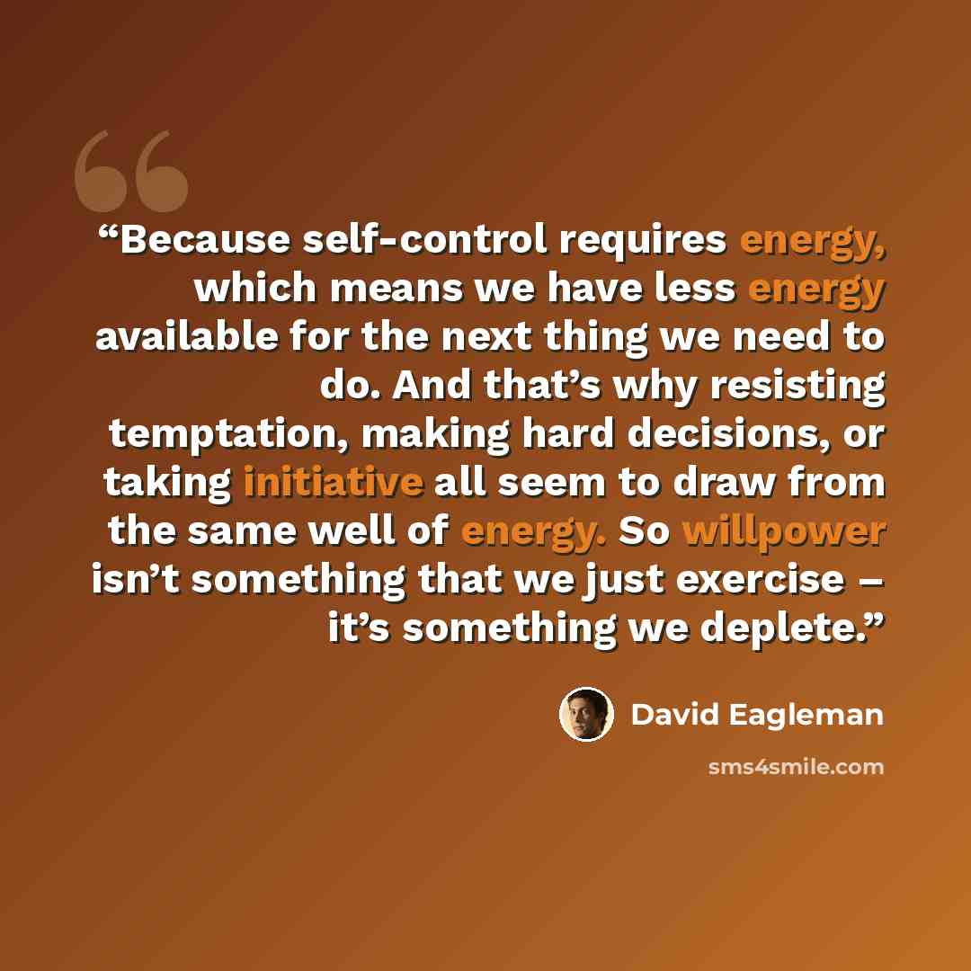“Because self-control requires energy, which means we have less energy available for the next thing we need to do. And that’s why resisting temptation, making hard decisions, or taking initiative all seem to draw from the same well of energy. So willpower isn’t something that we just exercise –…” quote by David Eagleman