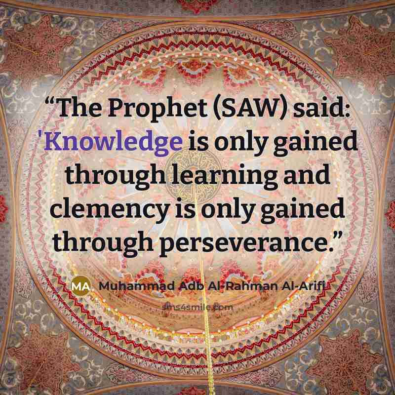 “The Prophet (SAW) said: 'Knowledge is only gained through learning and clemency is only gained through perseverance.” quote by Muhammad Adb Al-Rahman Al-Arifi