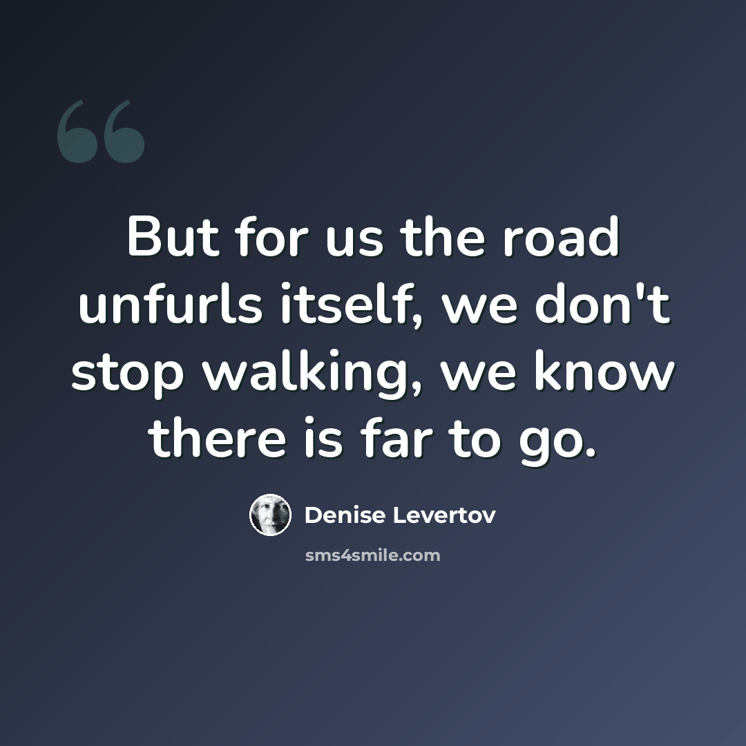 “But for us the road unfurls itself, we don't stop walking, we know there is far to go.” quote by Denise Levertov