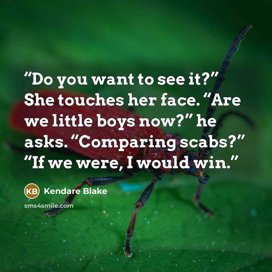 “Do you want to see it?” She touches her face. “Are we little boys now?” he asks. “Comparing scabs?” “If we were, I would win.” quote by Kendare Blake