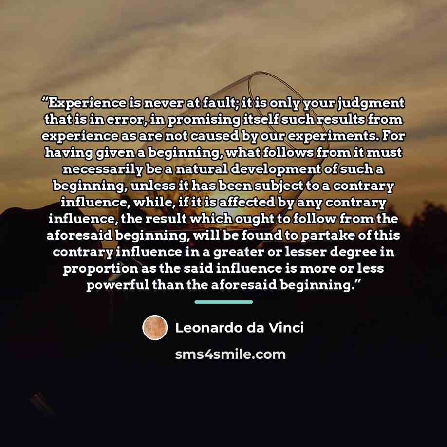 “Experience is never at fault; it is only your judgment that is in error, in promising itself such results from experience as are not caused by our experiments. For having given a beginning, what follows from it must necessarily be a natural development of such a beginning, unless it has been…” quote by Leonardo da Vinci