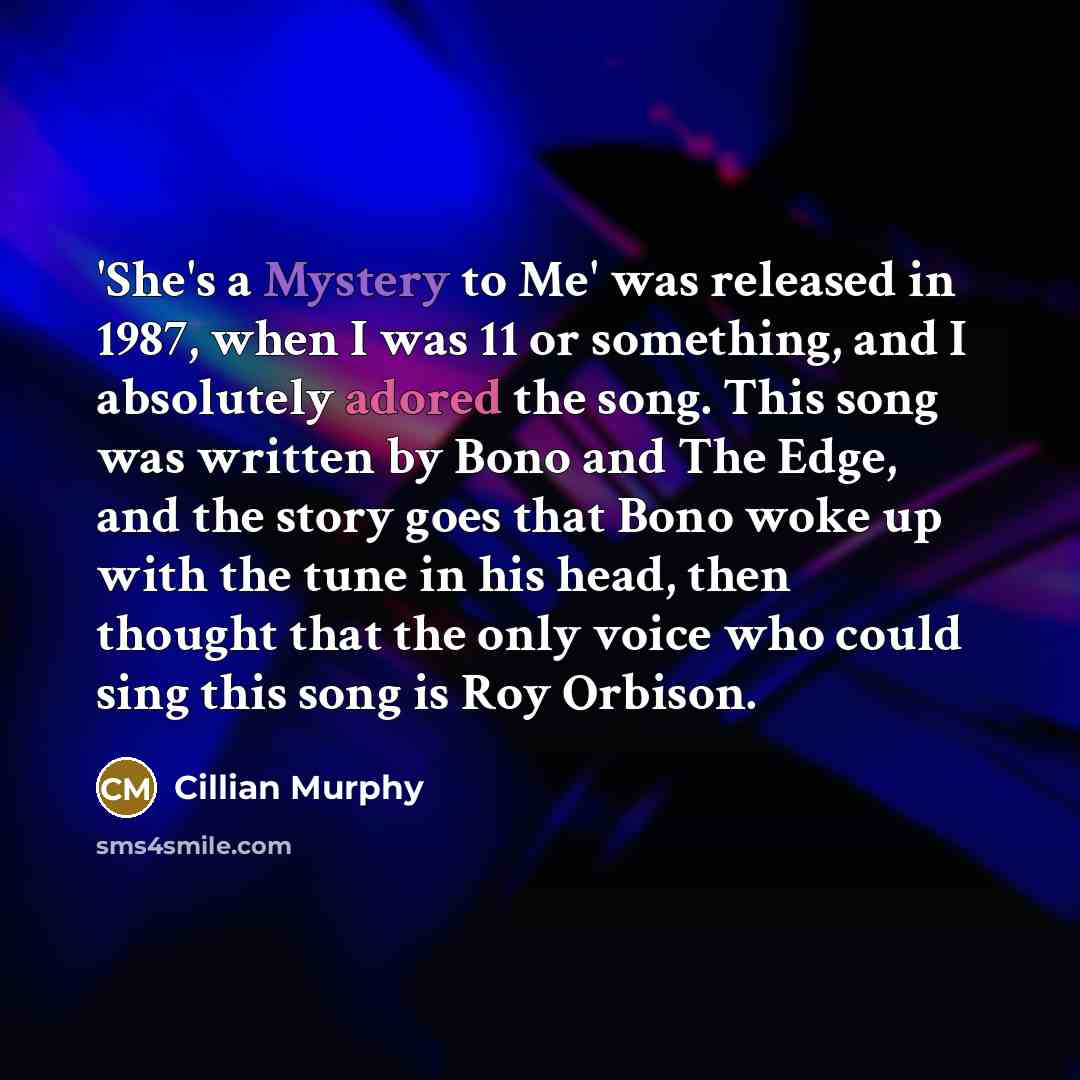 “'She's a Mystery to Me' was released in 1987, when I was 11 or something, and I absolutely adored the song. This song was written by Bono and The Edge, and the story goes that Bono woke up with the tune in his head, then thought that the only voice who could sing this song is Roy Orbison.” quote by Cillian Murphy