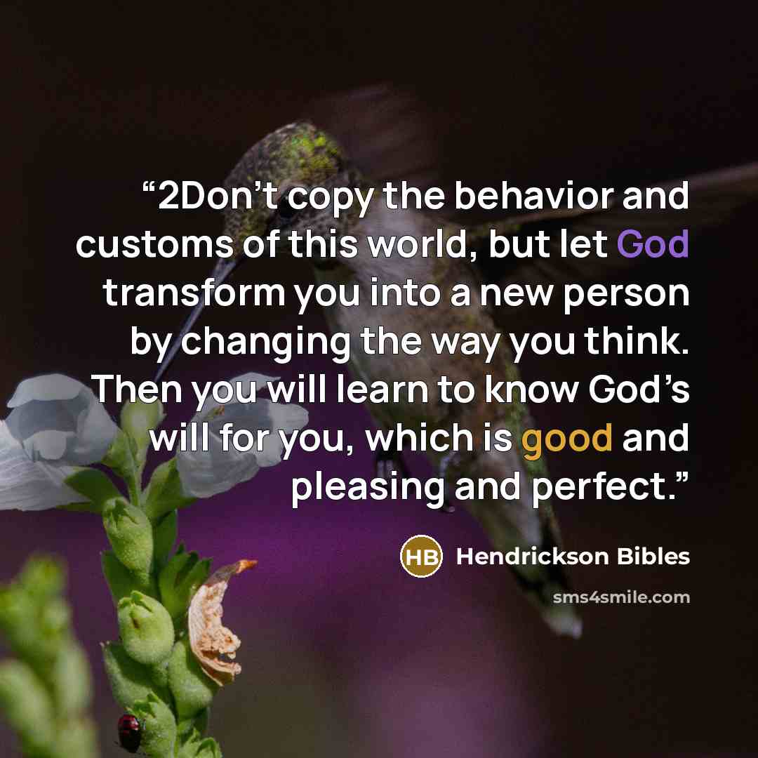 “2Don’t copy the behavior and customs of this world, but let God transform you into a new person by changing the way you think. Then you will learn to know God’s will for you, which is good and pleasing and perfect.” quote by Hendrickson Bibles